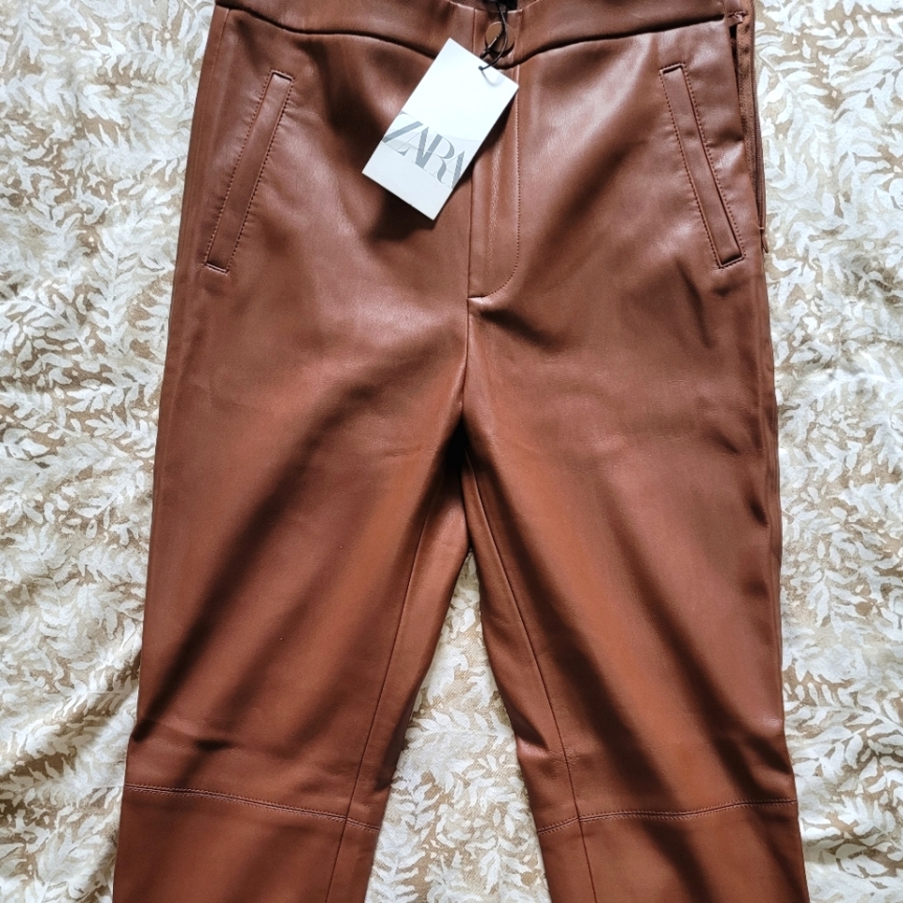 Zara Brown Hi-Rise faux leather legging with side zipper